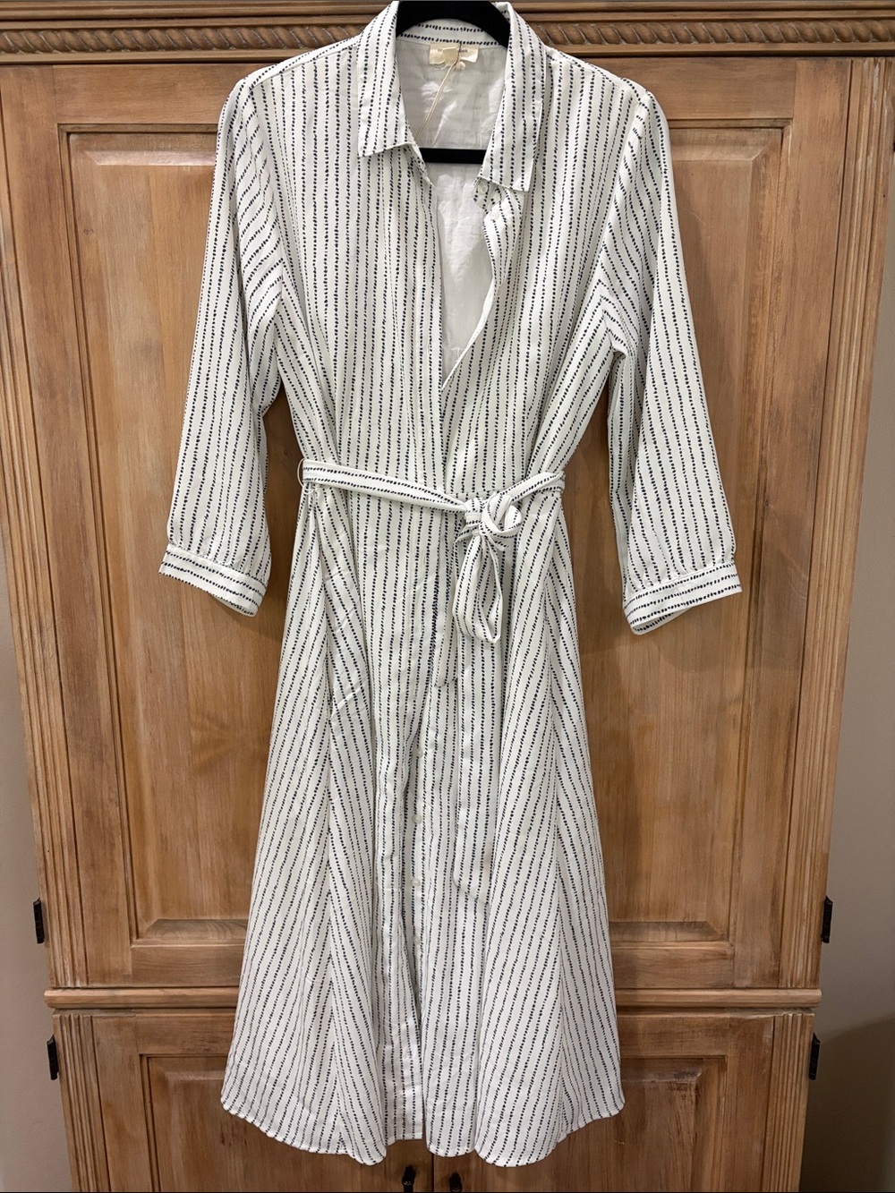orange creek White Striped Collared Midi Shirt Dress with Tie Belt